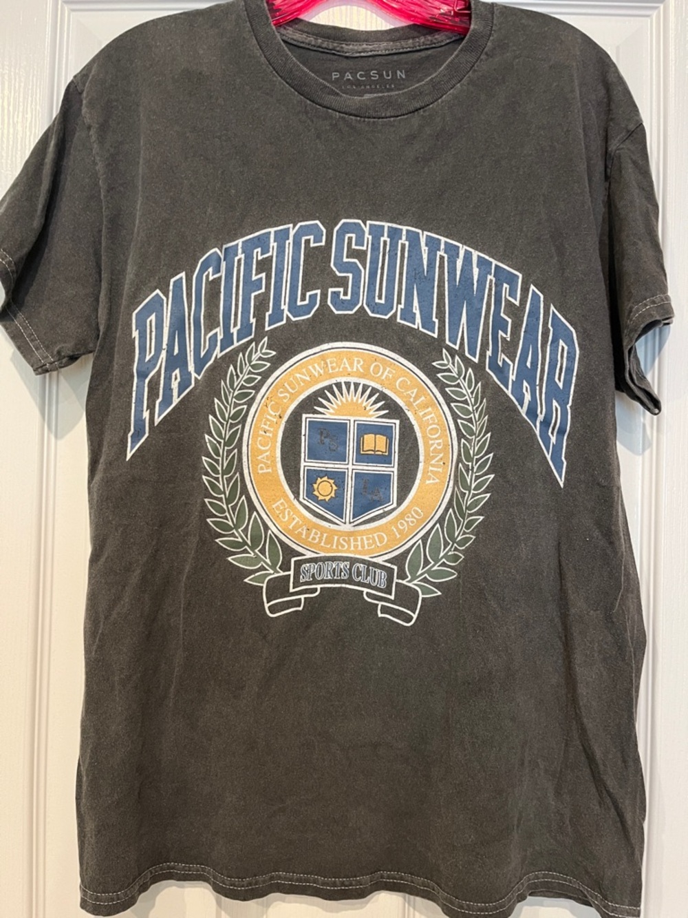 PacSun Dark Grey Short Sleeve Tee with Blue and Gold Crest Graphic Unisex